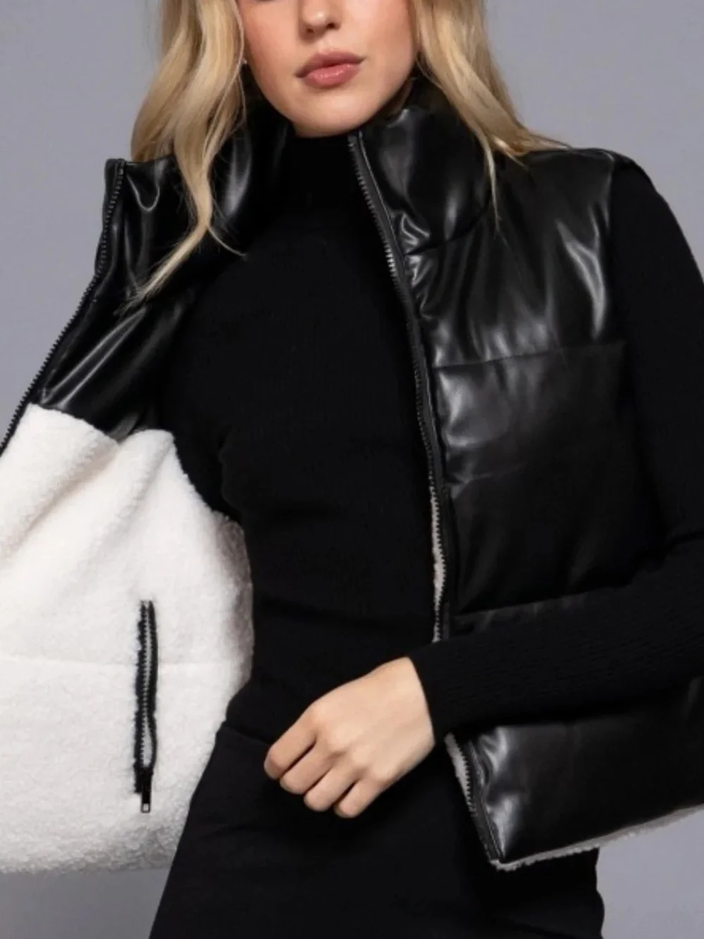Women’s Black & White Fur Puffer Vest with Vegan Leather Reversible Large NWT - Picture 4 of 7